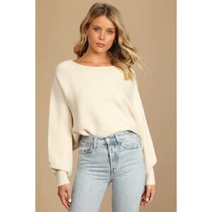 Lulus Come And Cuddle Cream Ribbed Knit Dolman Sleeve Cropped Sweater Beige